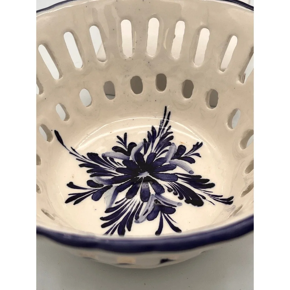 Hand Painted Portugal Pierced Berry Bowl Blue  White Floral Reticulated Strainer